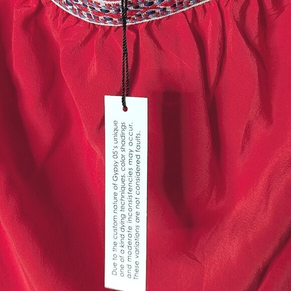 Gypsy O5 Strapless Red Silk Tie Dye Embroidered Elastic Tie Waist Maxi Dress L - Picture 8 of 15